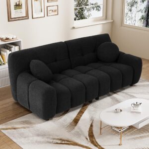 boucle sofa couch, 72.8" modern comfy upholstered love seat 2 seater tufted cloud couch, cozy teddy loveseat sofa with 2 accent pillows for living room apartment bedroom, black