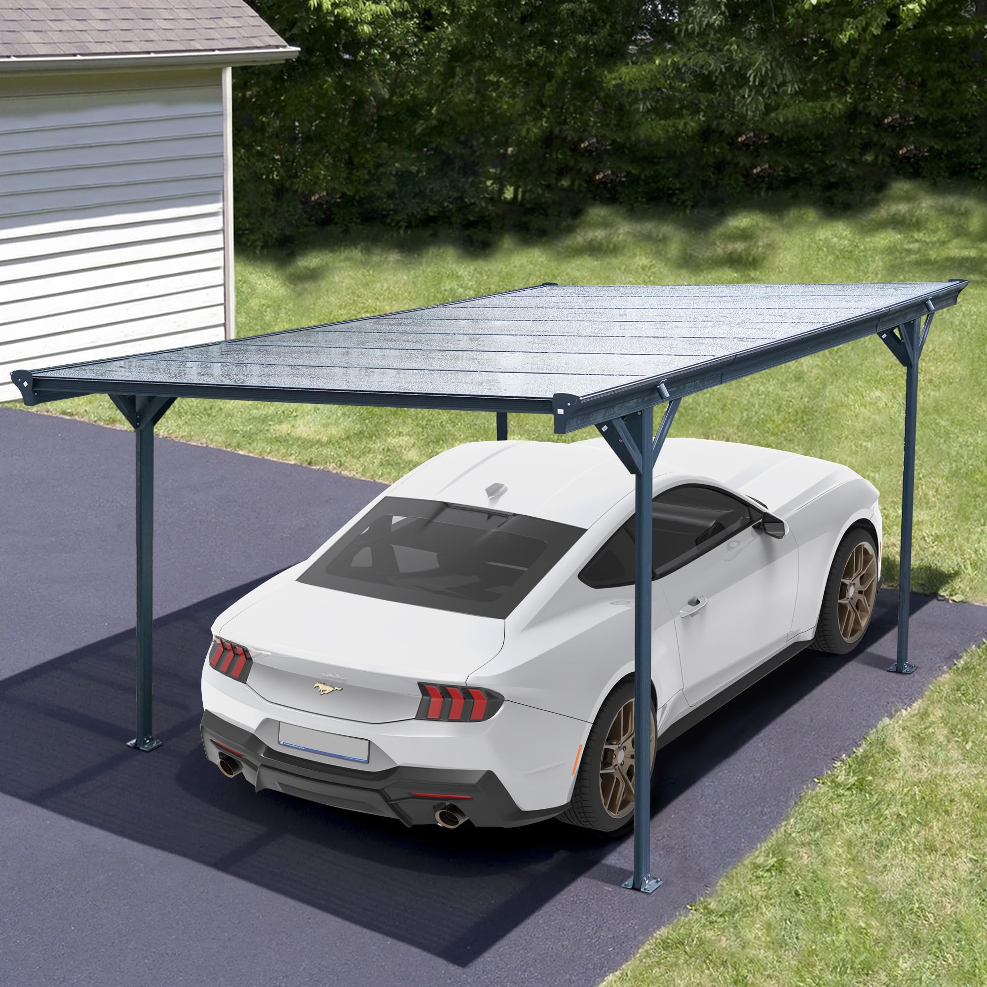 Real Relax 10 x 16ft Heavy Duty Metal Carport, Outdoor Aluminum Pitched Roof Canopy with Polycarbonate Panel for Cars, Boats & Ideal Shelter, Grey