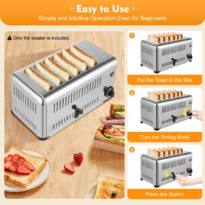 6 Slice Toaster with 5 Bread Shade Settings, Commercial Bread Baking Machine 1.1in Wide Slot, 1680W, 201 Stainless Steel, for Various Bread Types