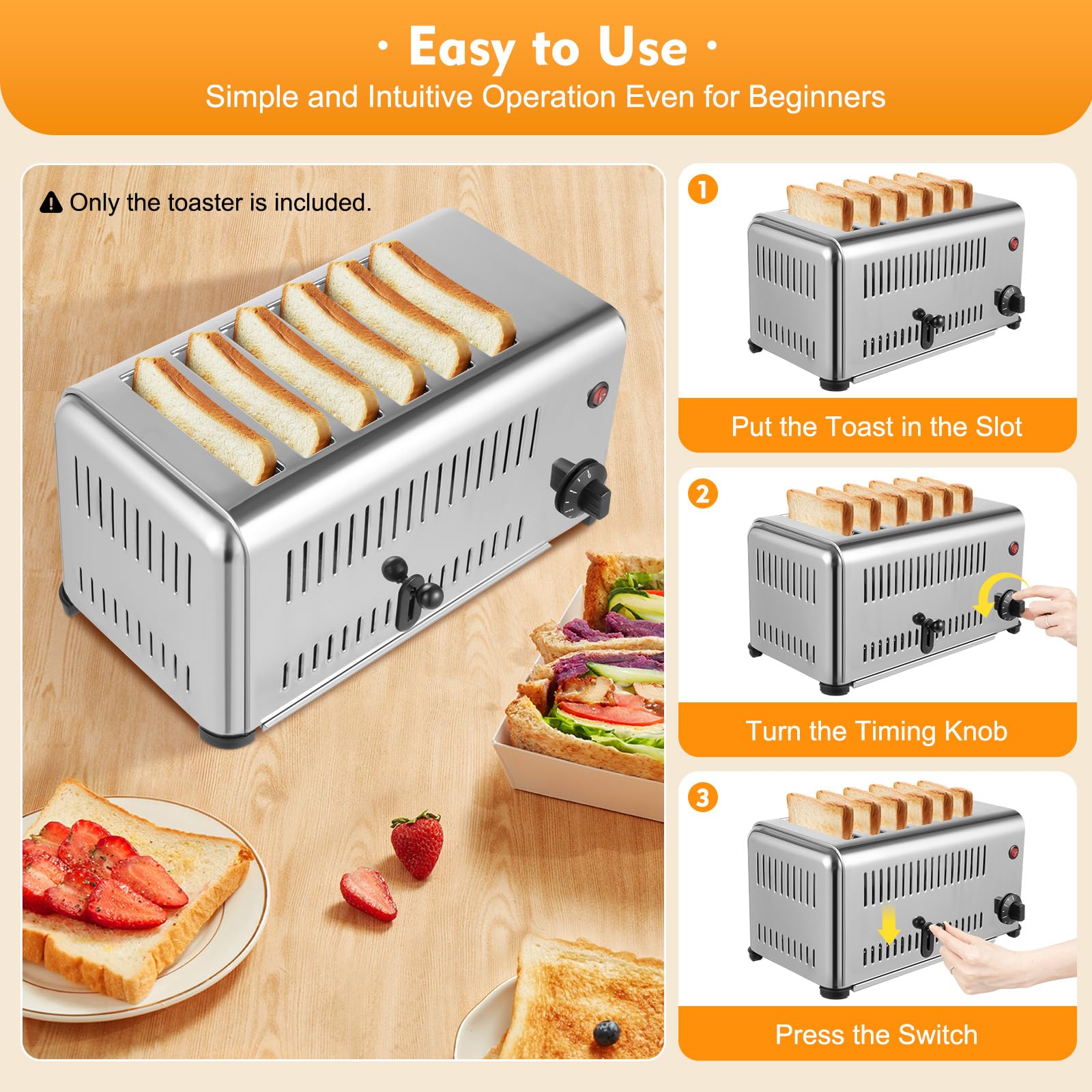 6 Slice Toaster with 5 Bread Shade Settings, Commercial Bread Baking Machine 1.1in Wide Slot, 1680W, 201 Stainless Steel, for Various Bread Types