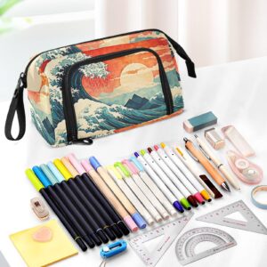 YMGQYJ Pencil Case Japanese Wave Sunset Pattern, Large Capacity Stationery Organizer Pencil Pouch Bag for Office Travel 1 Pack 9.4x3.7x5.9 in