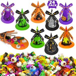 golden associate halloween party favors for kids, 24 pack witch hat shaped treat bag fillers with 266 pcs non-candy treats toys bulk, goodies classroom prizes handouts gifts