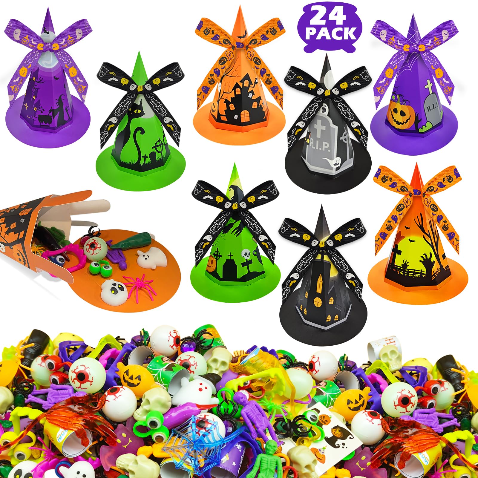 Golden Associate Halloween Party Favors for Kids, 24 Pack Witch Hat Shaped Treat Bag Fillers with 266 Pcs Non-Candy Treats Toys Bulk, Goodies Classroom Prizes Handouts Gifts