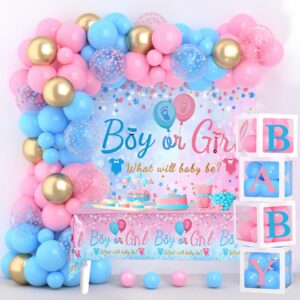 baby gender reveal party decorations - pink blue balloon arch garland kits with 4pcs baby boxes, gender reveal backdrop and tablecloths for baby shower, boy or girl gender reveal party ideas supplies