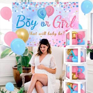 Baby Gender Reveal Party Decorations - Pink Blue Balloon Arch Garland Kits With 4pcs Baby Boxes, Gender Reveal Backdrop and Tablecloths for Baby Shower, Boy or Girl Gender Reveal Party Ideas Supplies