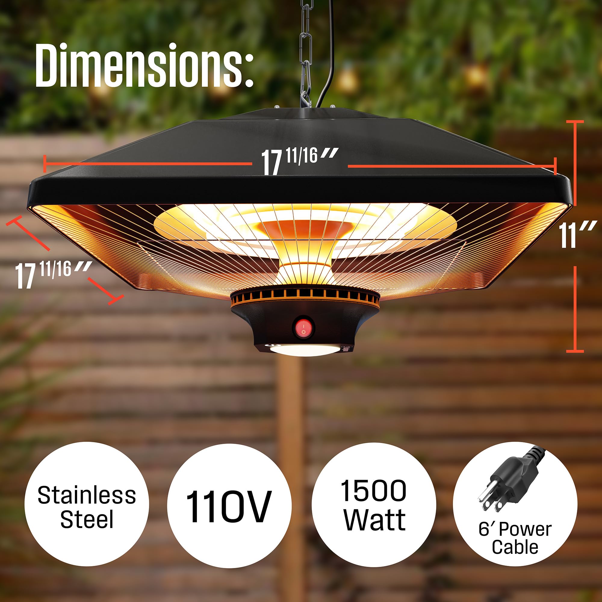 Westinghouse Outdoor Ceiling Patio Heater, Water Resistant, Adjustable Heat Output Up to 1500W, Auto Shut Off Overheat Protection, Hanging Infrared Heater for Patio Cover, Gazebo, Pergola, & More