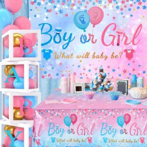 Baby Gender Reveal Party Decorations - Pink Blue Balloon Arch Garland Kits With 4pcs Baby Boxes, Gender Reveal Backdrop and Tablecloths for Baby Shower, Boy or Girl Gender Reveal Party Ideas Supplies