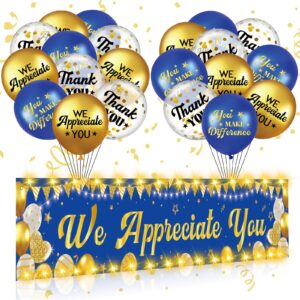 gemscream light up we appreciate you banner decorations thank you for all you do backdrop banner yard sign with 21 pcs balloons employee staff appreciation gifts teacher party supplies(blue gold)