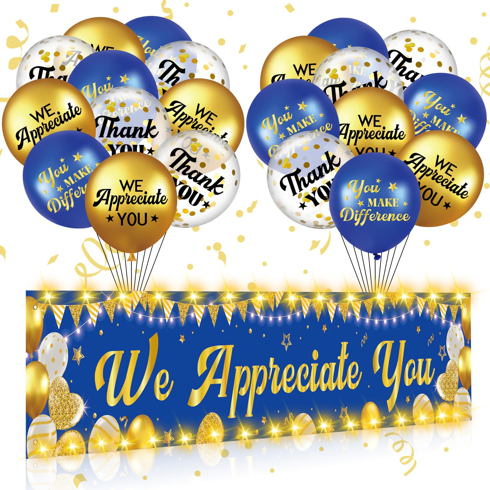 Gemscream Light up We Appreciate You Banner Decorations Thank You for All You Do Backdrop Banner Yard Sign with 21 Pcs Balloons Employee Staff Appreciation Gifts Teacher Party Supplies(Blue Gold)