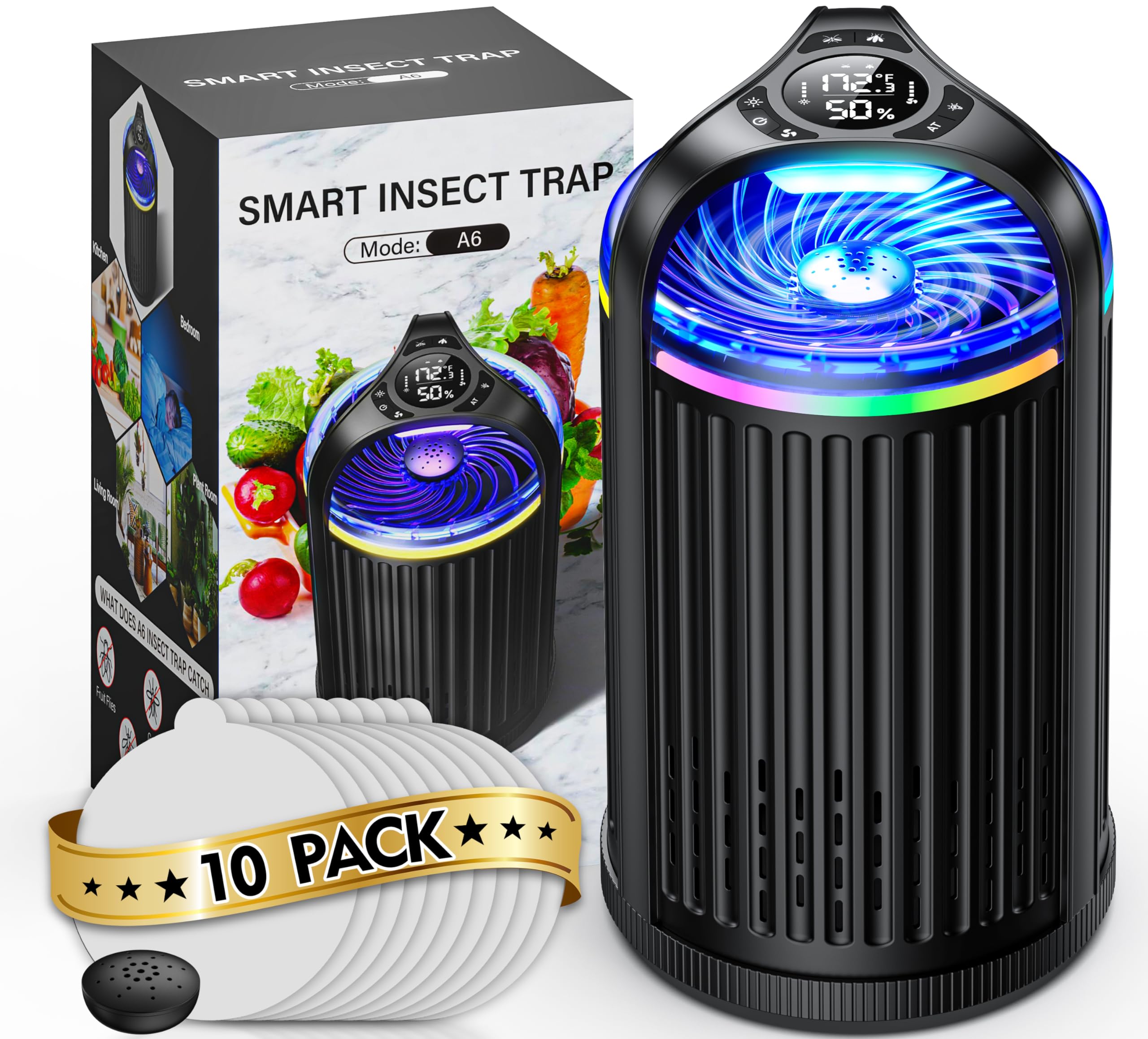 Fly Trap Indoor, 3-in-1 Fruit Fly Trap, Gnat Killer Indoor, Moth Traps - Bug Zapper Indoor with Temperature & Humidity Sensor, Catch Insects Indoors with Suction, Bug Light &10pcs Sticky Glue (Black)