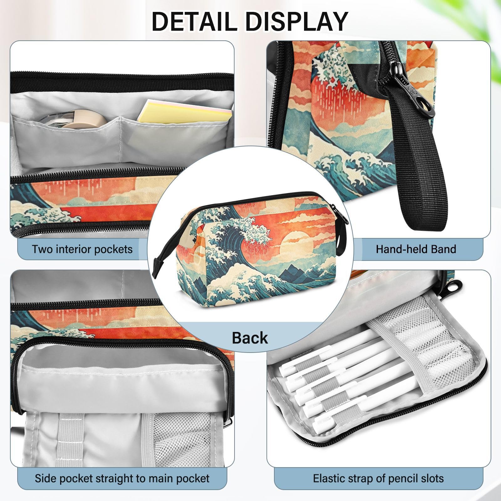 YMGQYJ Pencil Case Japanese Wave Sunset Pattern, Large Capacity Stationery Organizer Pencil Pouch Bag for Office Travel 1 Pack 9.4x3.7x5.9 in