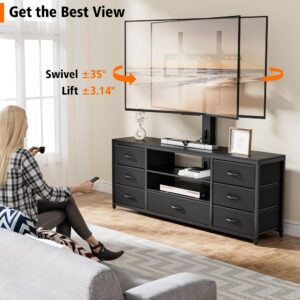 TV Stand with Mount and 7 Fabric Drawers, Led Entertainment Center with Power Outlets for 32 45 55 60 65 70 inch TVs, Black Dresser with Open Shelves Media Console Cabinet for Living Room Bedroom