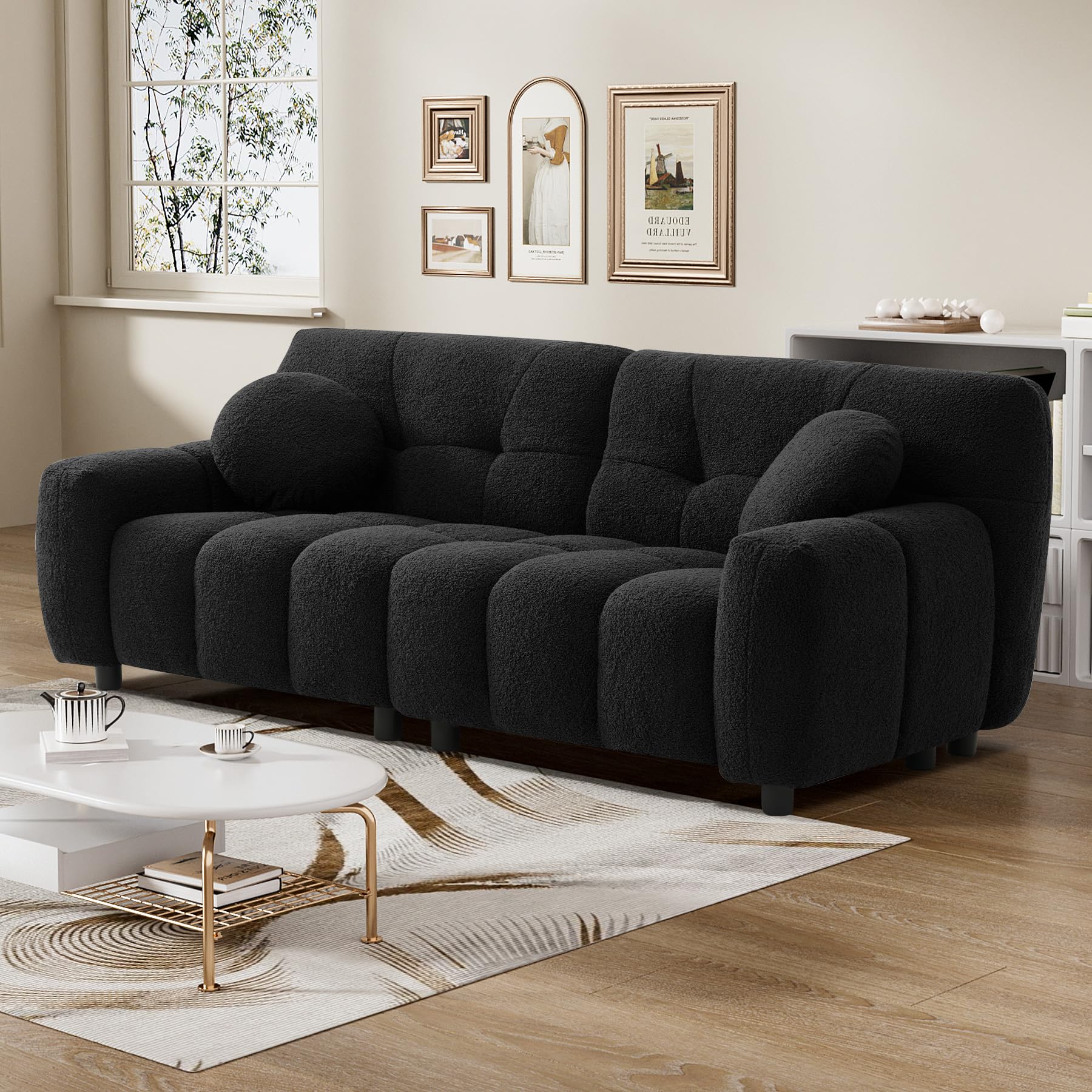 Boucle Sofa Couch, 72.8" Modern Comfy Upholstered Love Seat 2 Seater Tufted Cloud Couch, Cozy Teddy Loveseat Sofa with 2 Accent Pillows for Living Room Apartment Bedroom, Black