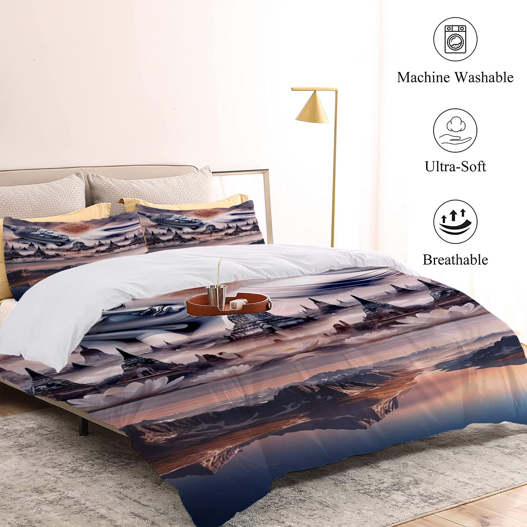 ALYOU Mountain Full Size Duvet Cover Buddha Pattern Bedding Set 3 Piece, Comfort Fluffy Microfiber Comforter Cover and 2 Pillowcases 20" x 26" with Zipper Closure and Ties