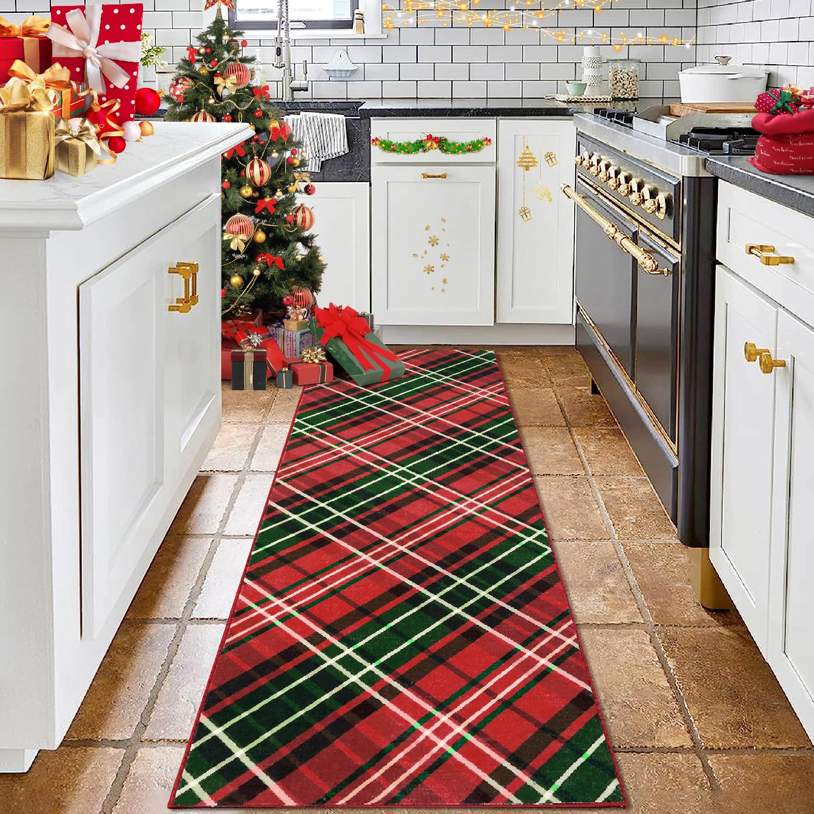 CAREMEE 2x8 Merry Christmas Runner Rug Plaid Printed Xmas Runner Rug Washable Rug Indoor Soft Entryway Runners Xmas Festive Rug Non Slip Kitchen Laundry Runner Rug for Living Room Fireplace Red/Green