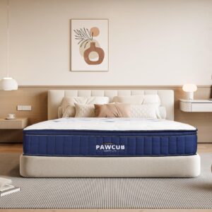 PAWCUB Queen Mattress 12 Inch Full Size Mattress in a Box with Memory Foam Mattress and Individually Pocket Spring Motion Lsolation Medium Firm Feel Soft Knitted Fabric Cover for a Cool Sleepw