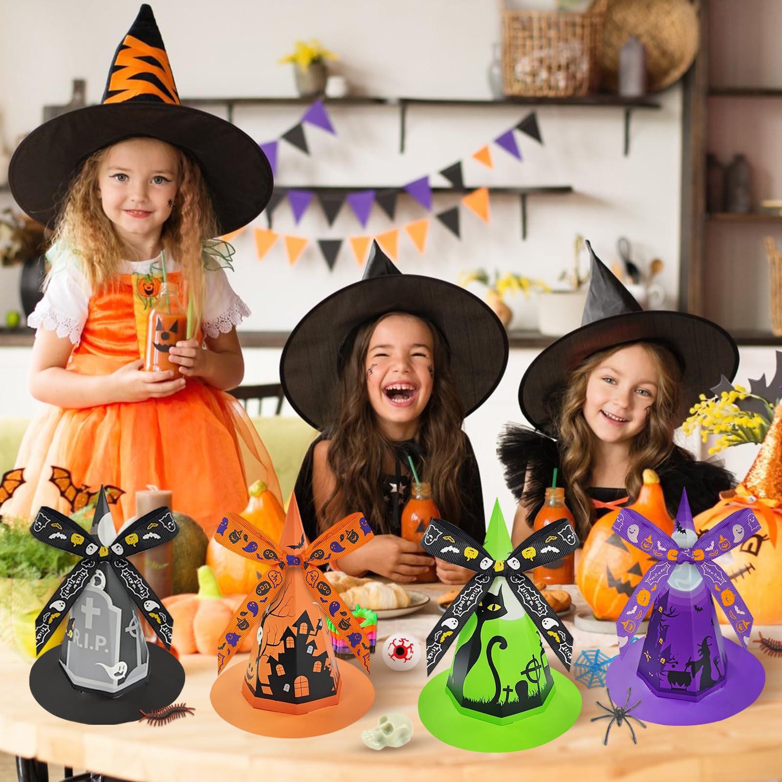 Golden Associate Halloween Party Favors for Kids, 24 Pack Witch Hat Shaped Treat Bag Fillers with 266 Pcs Non-Candy Treats Toys Bulk, Goodies Classroom Prizes Handouts Gifts