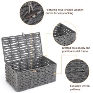 Mkono Storage Baskets Bin with Lid Decorative Paper Rope Handwoven Basket Organizer for Shelves Wardrobe Toilet Tank Top, Rectangular Wicker Home Decor Box for Bedroom Living Room, Set of 2, Grey