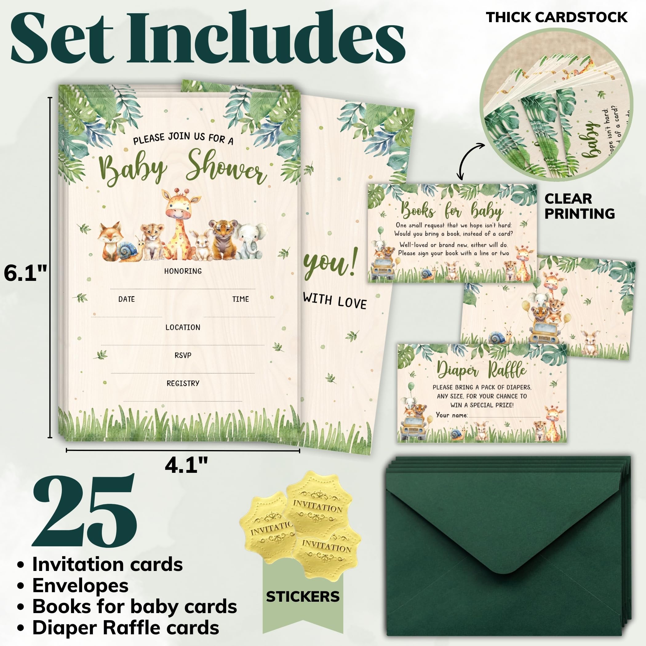 WOODAMORE Woodland Baby Shower Invitations for Boy with Envelopes - Baby Shower Invites for Girl, Safari Books for Baby Cards, Diaper Raffle Tickets for Woodland Animals Baby Shower Decorations