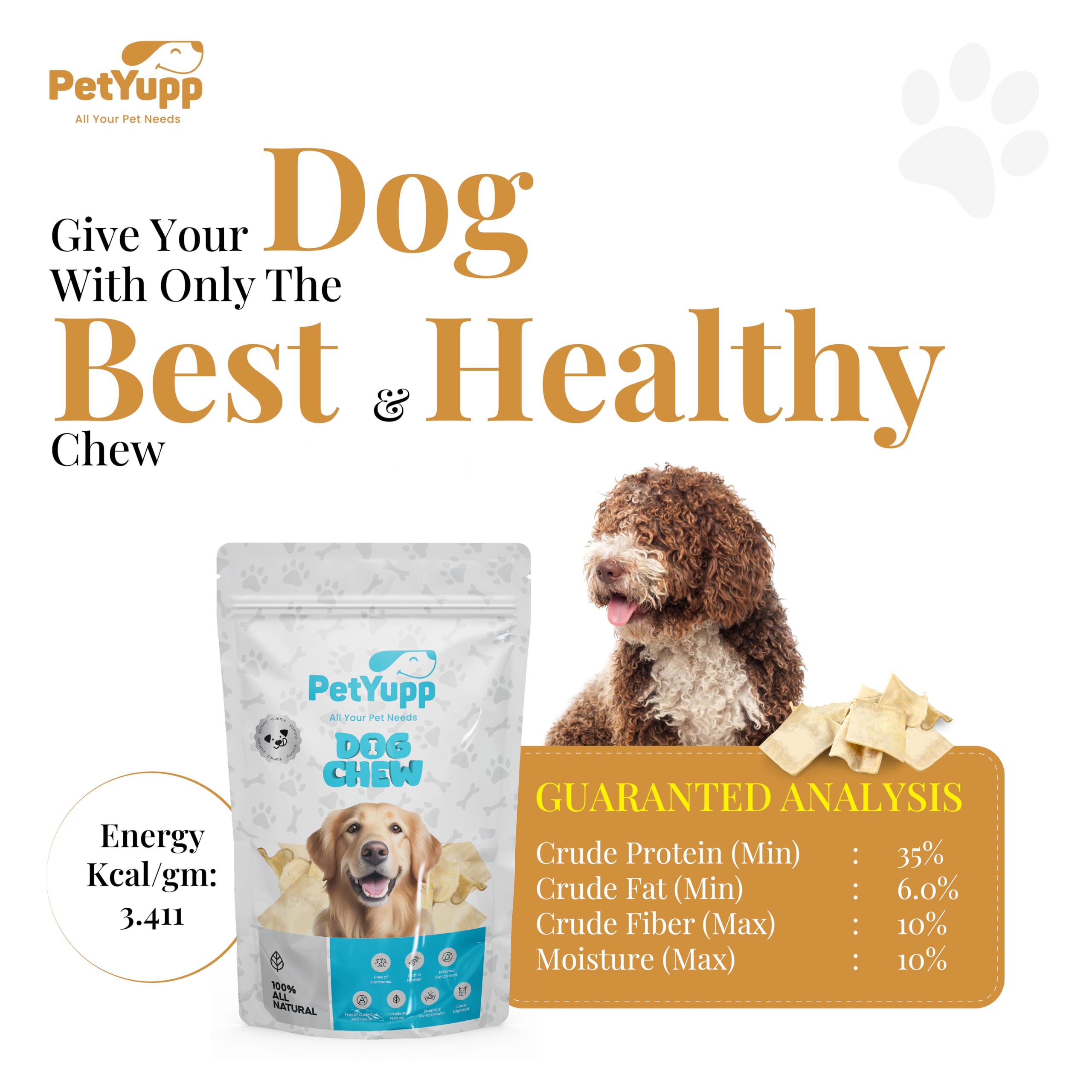 PetYupp Water Buffalo Cheek Chips (3" X 3") Dog Chews - 8 oz - Natural Dog Treats - For Small, Medium & Large Dog, High-Protein, Low-Fat & Easy Digest Dog Treats, Promotes Dental Health - No Additives