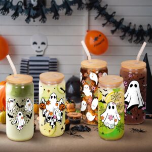 ONEVIVE Halloween Glass Cups with Lids Straws, Spooky Ghost Pumpkin Drinking Glasses, Cute 16oz Can Shaped Flower Tumbler Iced Coffee Cup Gifts for Women (Purple)