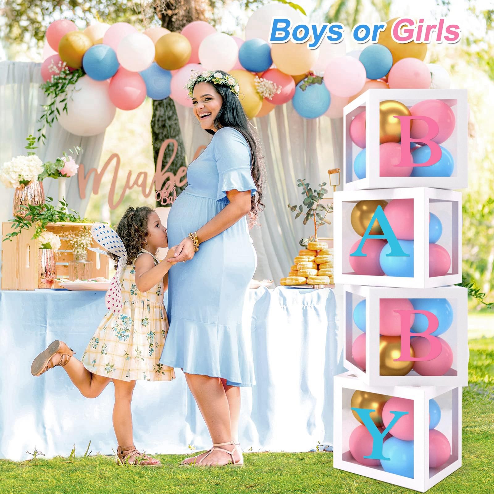 Baby Gender Reveal Party Decorations - Pink Blue Balloon Arch Garland Kits With 4pcs Baby Boxes, Gender Reveal Backdrop and Tablecloths for Baby Shower, Boy or Girl Gender Reveal Party Ideas Supplies