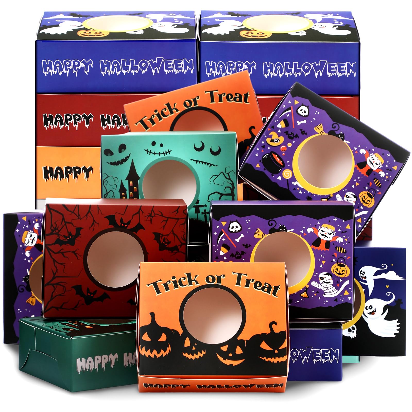 MotiMind 36 Pieces Halloween Cookie Boxes with Window Halloween Treat Boxes Pumpkin Ghost Popcorn Boxes 6.3 x 5.12 x 2.36 Inch Paper Halloween Candy Bowl Snack Tray for Trick or Treat Party Supplies