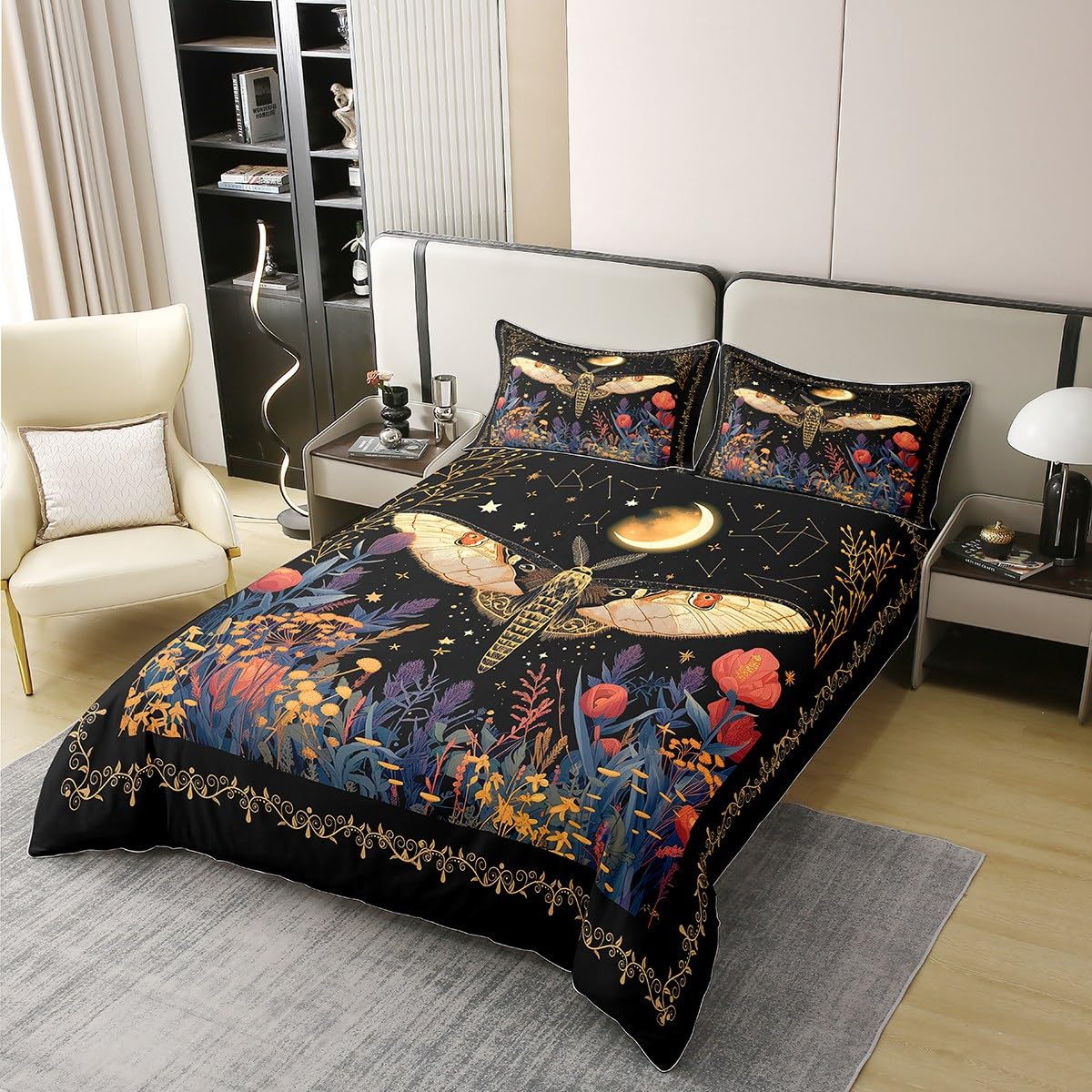 Feelyou Boho Golden Butterfly Duvet Cover 100% Cotton Bohemian Moth Bedding Set for Moon Galaxy On Black Comforter Cover Flower Weed Botanical Bedroom Collection 3Pcs King(No Comforter)