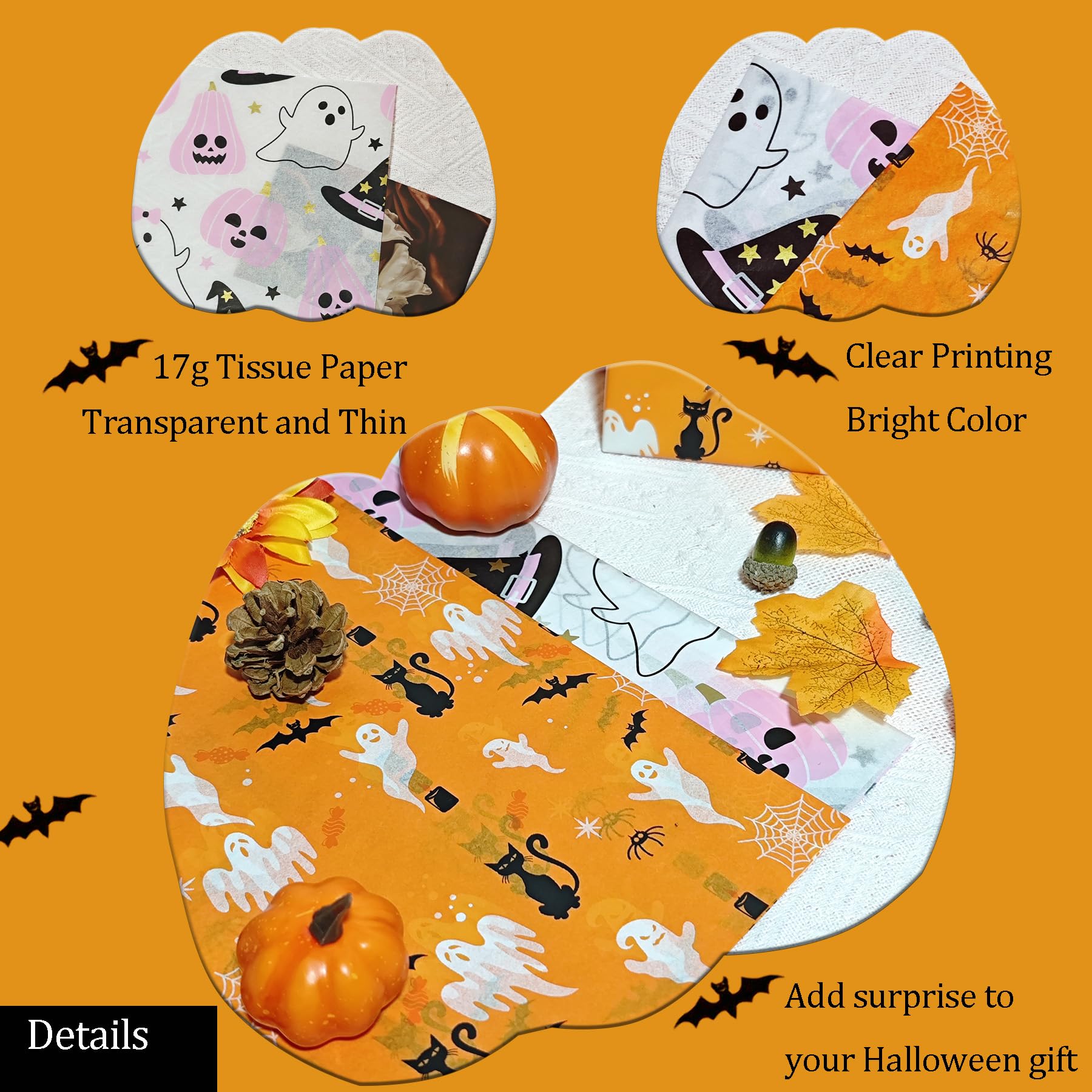 LIAPAWPAW 30 Sheets Halloween Tissue Paper, Ghost Pumpkin Tissue Paper For Gift Bags, Cute Pink Orange Gift Wrapping Tissue Art Tissue Decorative For Halloween Holiday Part DIY Craft Packing,20x14inch