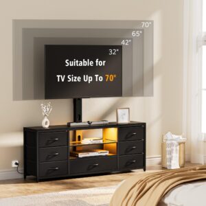 TV Stand with Mount and 7 Fabric Drawers, Led Entertainment Center with Power Outlets for 32 45 55 60 65 70 inch TVs, Black Dresser with Open Shelves Media Console Cabinet for Living Room Bedroom