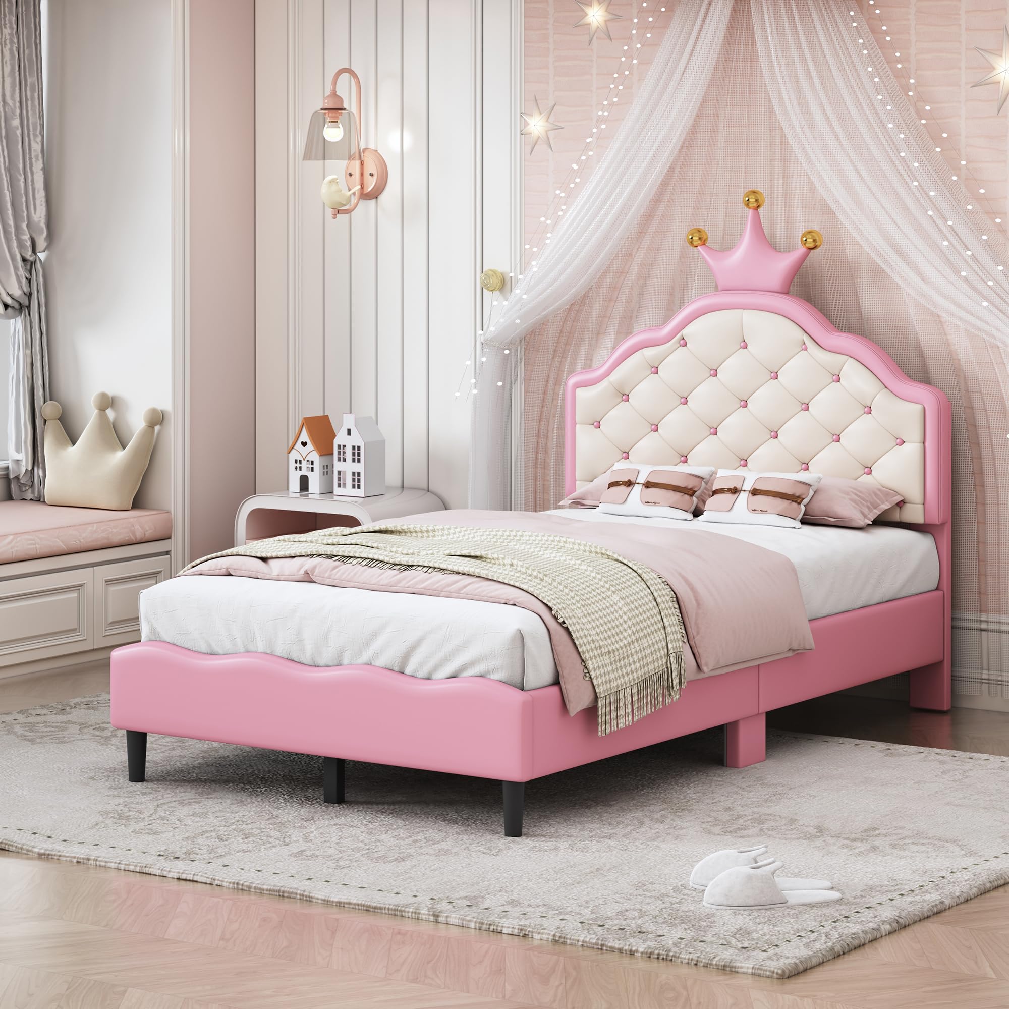 SOFTSEA Twin Upholstered Bed with Crown Headboard, Girls Princess Bed with Button Tufted Headboard, PU Leather Princess Platform Bed for Kids Girls, Easy Assembly, Pink + Whitea