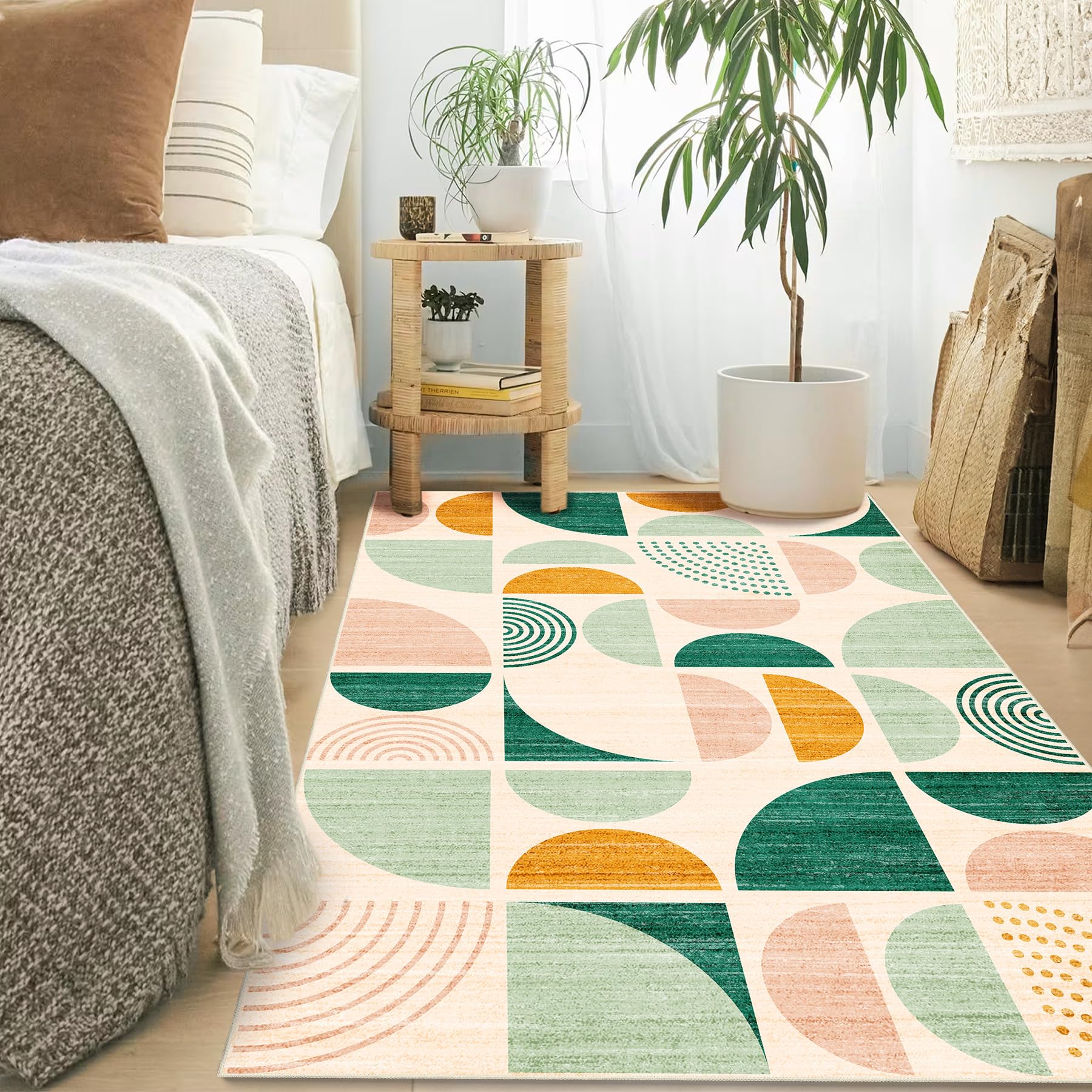 MUJOO Green Rug Boho Washable,3x5 Area Rugs for Bedroom Entryway Living Room Bedside,Small Throw Floor Carpet Non Slip Soft Indoor Modern Abstract Sage Green