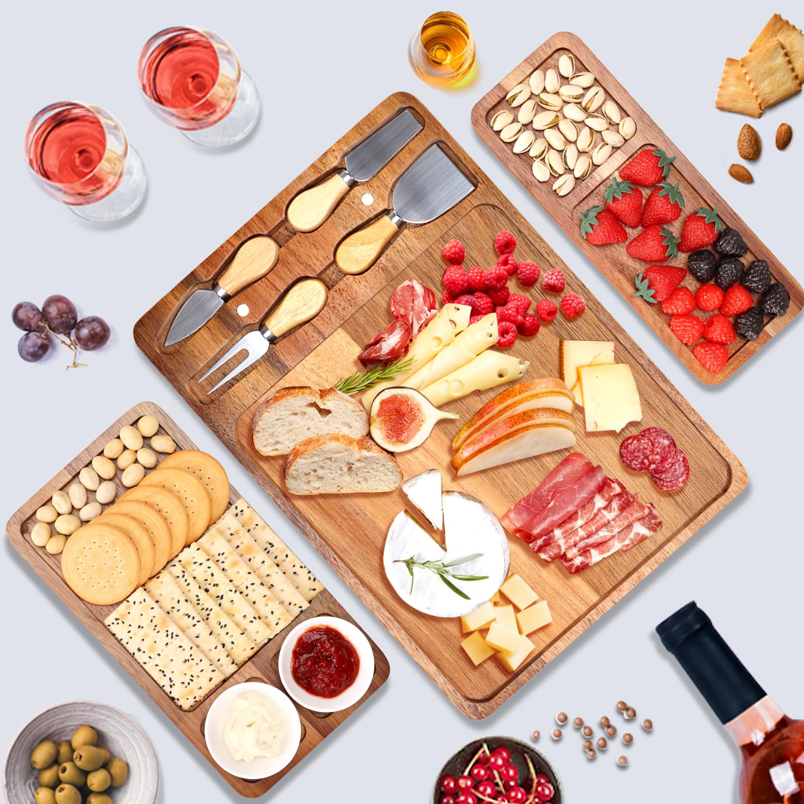 9 PCS Acacia Wood Cheese Board and Knife Set Large Charcuterie Platter Meat Cheese and Cracker Tray Vegetarian Fruit Snack Board Food Serving Tray Grazing Board Magnetic Charcuterie Board Gift Set