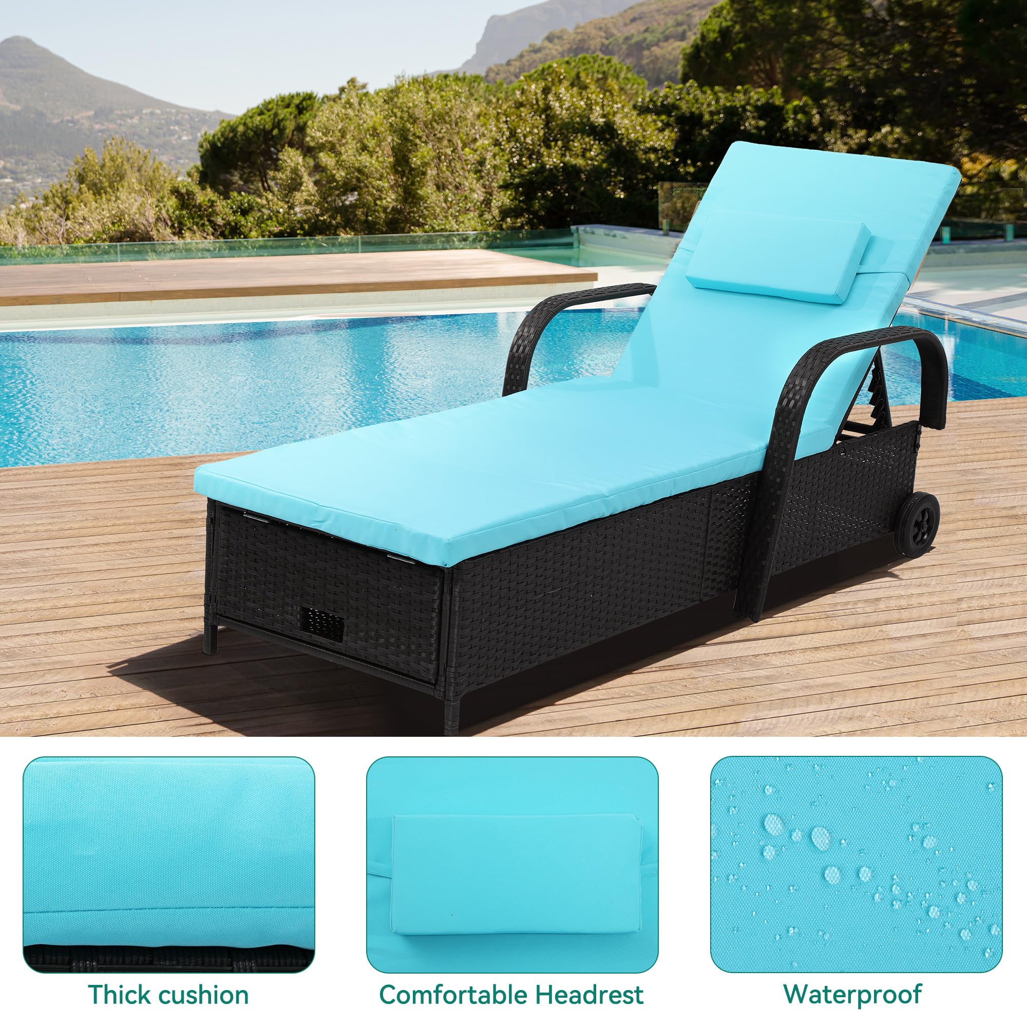 YITAHOME Chaise Lounge Chair with Storage, Wicker Patio Lounge Set with 5-Position Backrest, Rattan Pool Reclining with Headrest, Arm, Cushion, and Wheel for Poolside Balcony Garden(Black+Blue)