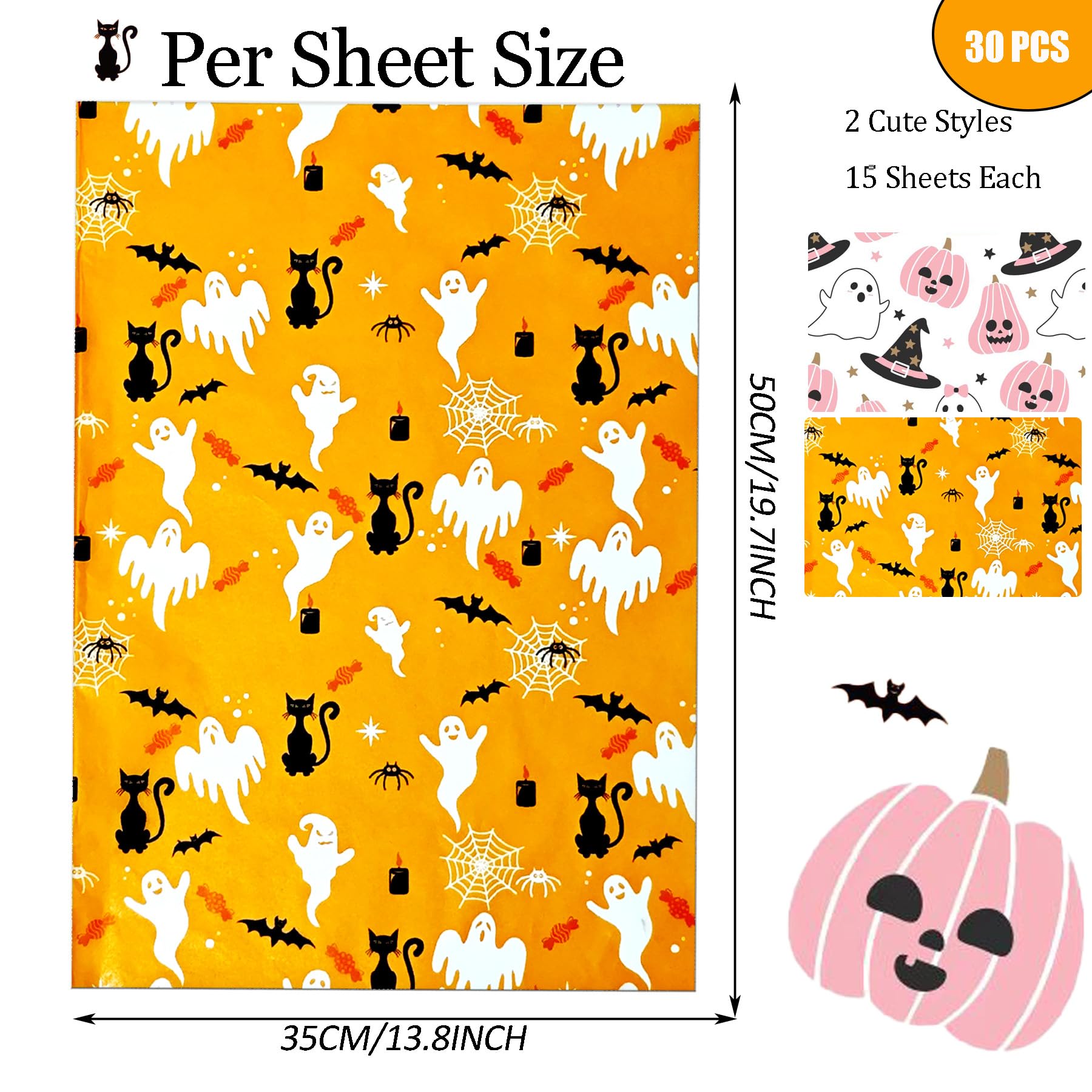 LIAPAWPAW 30 Sheets Halloween Tissue Paper, Ghost Pumpkin Tissue Paper For Gift Bags, Cute Pink Orange Gift Wrapping Tissue Art Tissue Decorative For Halloween Holiday Part DIY Craft Packing,20x14inch