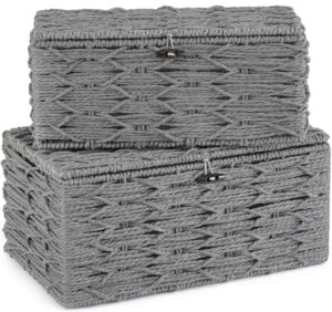 mkono storage baskets bin with lid decorative paper rope handwoven basket organizer for shelves wardrobe toilet tank top, rectangular wicker home decor box for bedroom living room, set of 2, grey