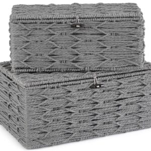 Mkono Storage Baskets Bin with Lid Decorative Paper Rope Handwoven Basket Organizer for Shelves Wardrobe Toilet Tank Top, Rectangular Wicker Home Decor Box for Bedroom Living Room, Set of 2, Grey