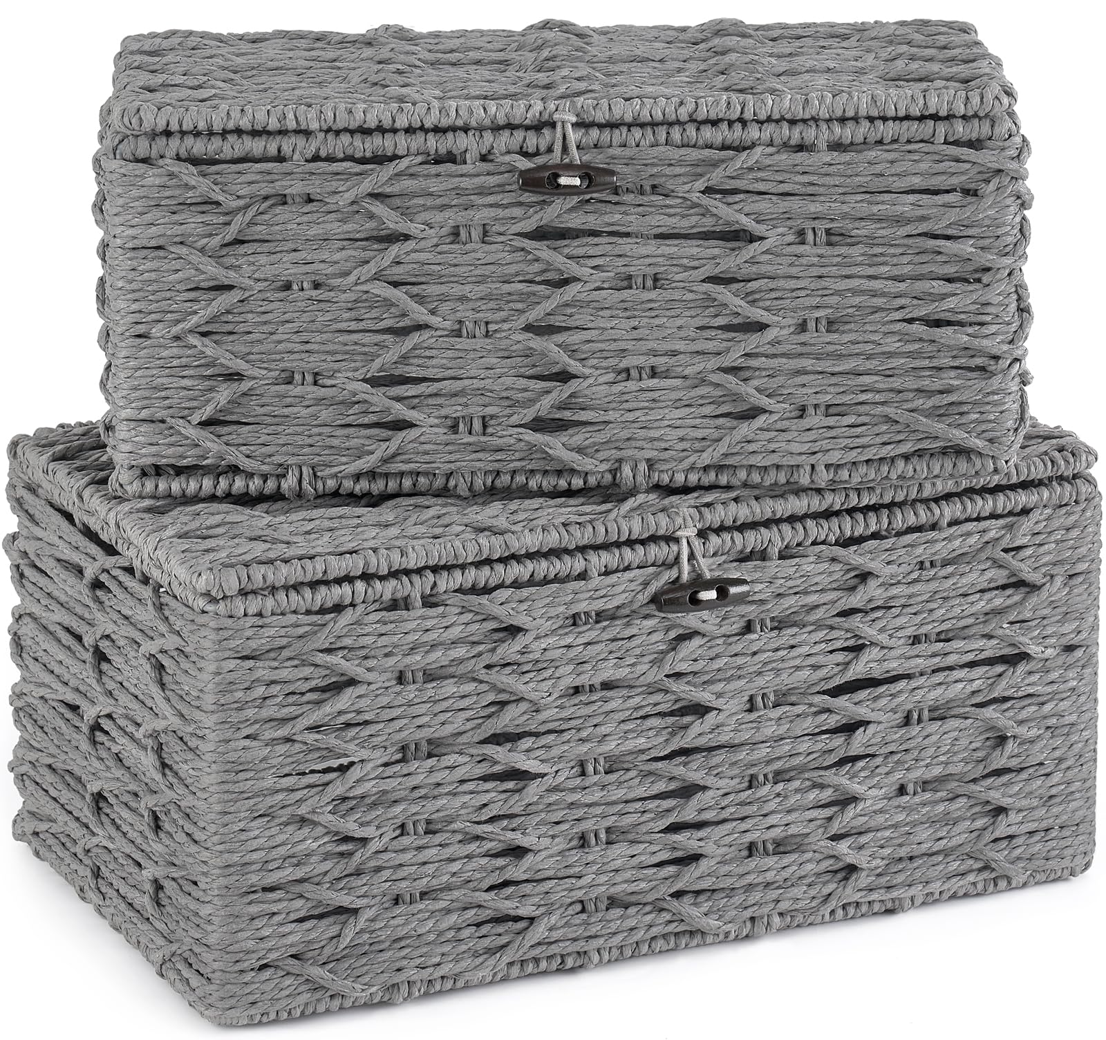 Mkono Storage Baskets Bin with Lid Decorative Paper Rope Handwoven Basket Organizer for Shelves Wardrobe Toilet Tank Top, Rectangular Wicker Home Decor Box for Bedroom Living Room, Set of 2, Grey