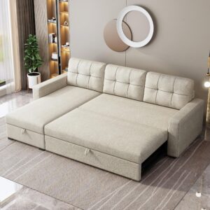 yopto sleeper sofa couch with pull out bed,l shaped sleeper sofa with storage,sectional sleeper couch,convertible sleeper sectional sofa w/chaise and 3 back cushions,for living room,office,beige