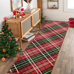 caremee 2x8 merry christmas runner rug plaid printed xmas runner rug washable rug indoor soft entryway runners xmas festive rug non slip kitchen laundry runner rug for living room fireplace red/green