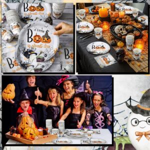 Hushee 200 Pcs Halloween a Little Boo Is Almost Due Baby Shower Paper Plates Napkins Cups Baby Shower Party Supplies Tableware Set Disposable Cup Napkin for 50 Guest Party Decoration