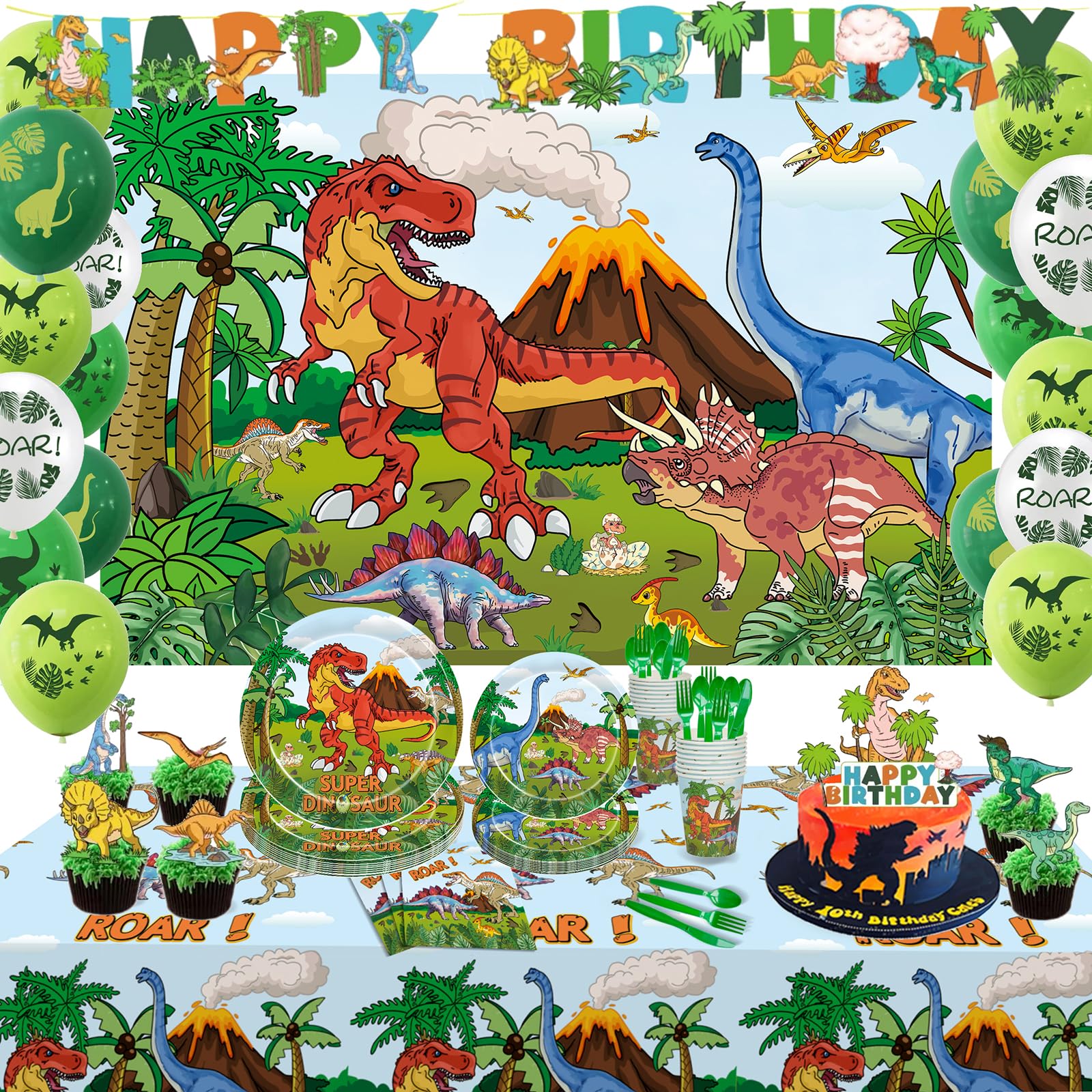 Dinosaur Birthday Decorations Kit For Boys Dinosaur Party Supplies Dino Backdrop Plates Cups Napkins Banner Balloon Tablecloth Cake Toppers