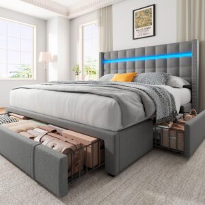 EnHomee Full Bed Frame with Storage,LED Bed Frame with Adjustable Headboard, Upholstered Platform Bed Frame Queen Size with 3 Drawers,Heavy Duty Wood Slats,Easy Assembly,No Box Spring Needed,Grey