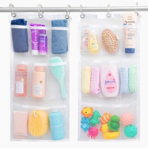 handy laundry hanging shower organizer (2-pack) - 9-pocket - mesh caddy with deep storage pockets for organizing bathroom toiletries and kids bath toys - hang on existing shower curtain rings