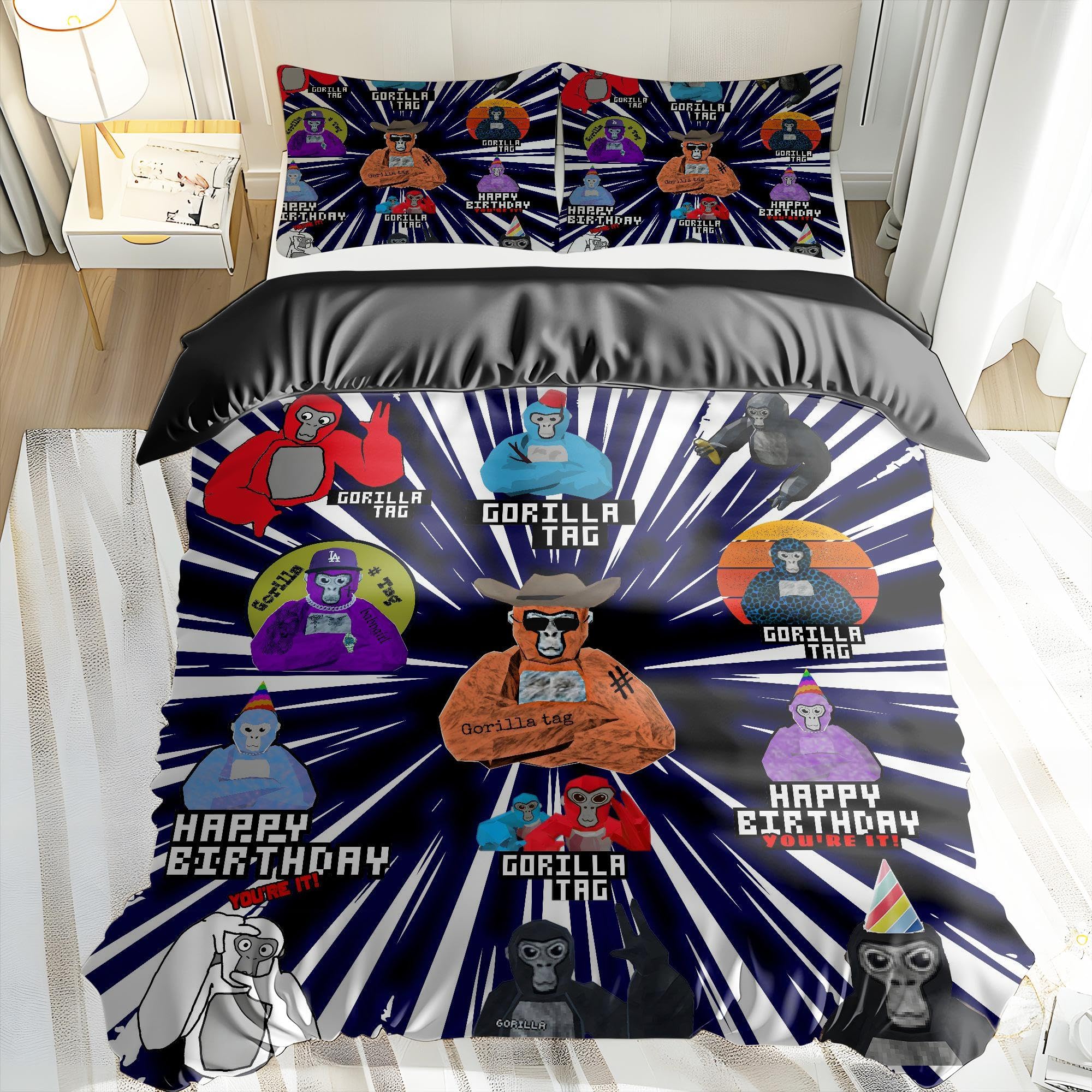 Piegricdiat VR Gorilla Game Duvet Cover Set Cartoon Bedding Set (1 Duvet Cover + 2 Pillowcases) is Suitable for Kids, Adults and Teenagers (Style1,Full 79x90in + 20x30inX2)