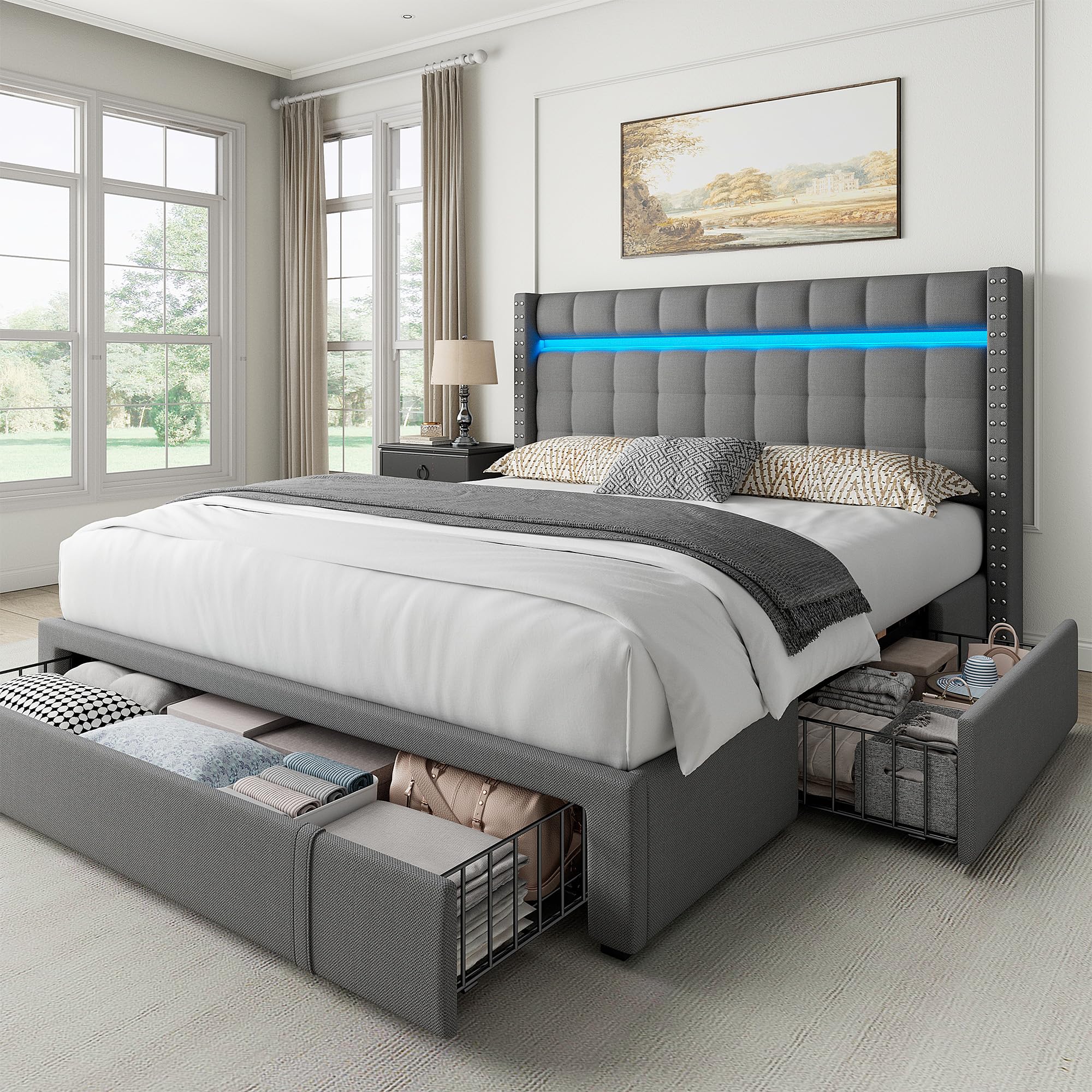 EnHomee Full Bed Frame with Storage,LED Bed Frame with Adjustable Headboard, Upholstered Platform Bed Frame Queen Size with 3 Drawers,Heavy Duty Wood Slats,Easy Assembly,No Box Spring Needed,Grey