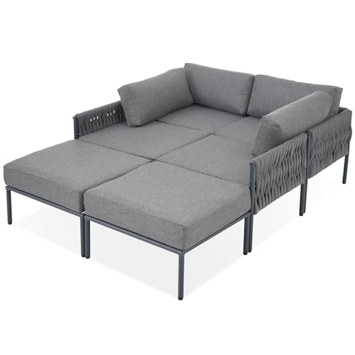 LOUHME 6-Pieces Aluminum Patio Furniture Set, Modern Metal Outdoor Conversation Set Sectional Sofa Set with Removable Olefin Extra Thick Cushions for Outdoor Space, Gray