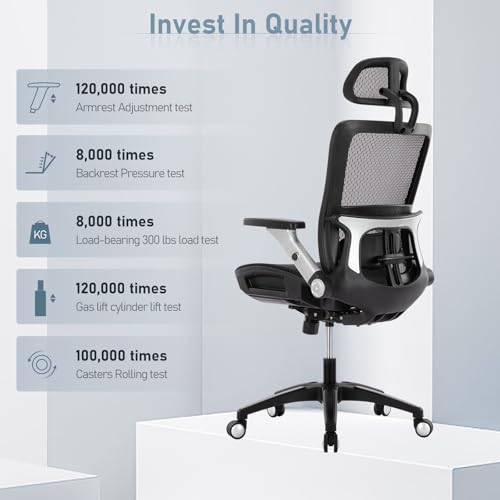 Ergonomic Mesh Office Chair with Footrest, High Back Executive Desk Chair with Adjustable Lumbar Support, Headrest and Tilt Lock, 4D Flip-up Arm-Black