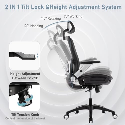 Ergonomic Mesh Office Chair with Footrest, High Back Executive Desk Chair with Adjustable Lumbar Support, Headrest and Tilt Lock, 4D Flip-up Arm-Black