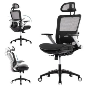 ergonomic mesh office chair with footrest, high back executive desk chair with adjustable lumbar support, headrest and tilt lock, 4d flip-up arm-black